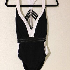 Kenneth Cole Cutout Mesh Wide Straps One-Piece Sexy Swimsuit Black White XL